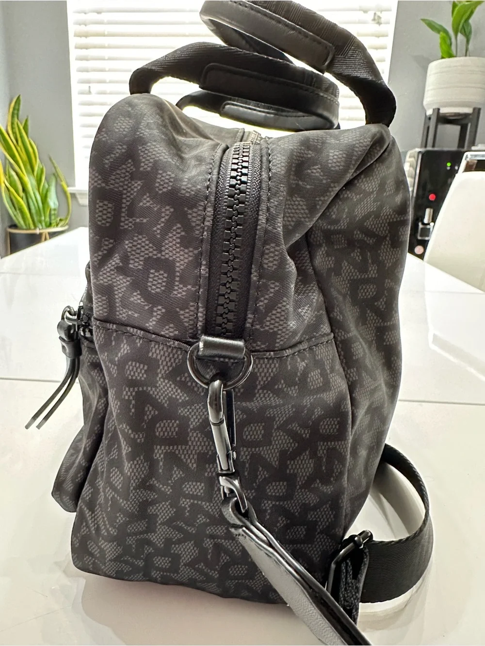 DKNY Damian Satchel Black Grey Monogram Crossbody Bag Utility Tote EUC